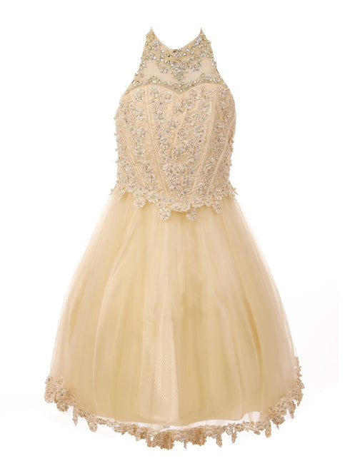 Little Girls Champagne Halter Neck Rhinestone Sequin Flower Girl Dress 4-6 - SophiasStyle.com