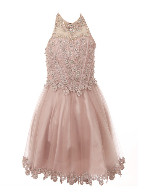 Big Girls Dusty Rose Halter Neck Rhinestone Sequin Junior Bridesmaid Dress 8-16 - SophiasStyle.com