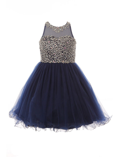 Girls Navy Glitter Bead Wired Hem Overlaid Tulle Occasion Dress 8-16 - SophiasStyle.com