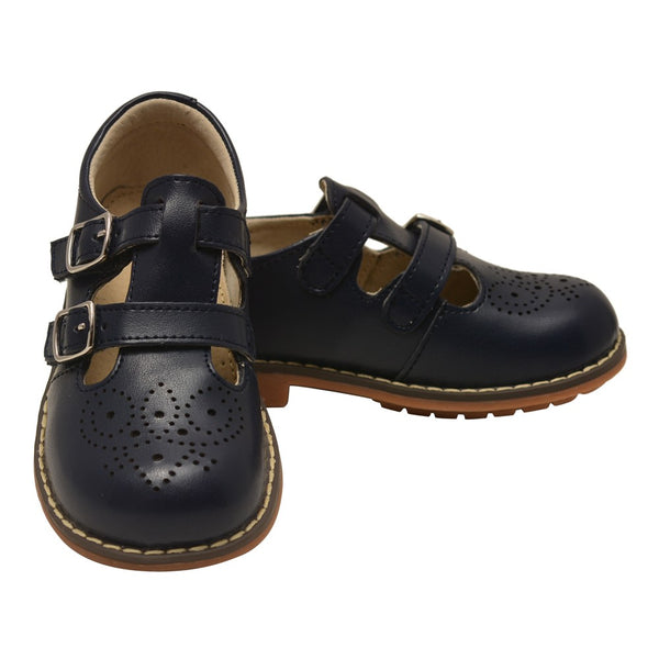 L`Amour Unisex Navy Double T-Strap Buckled Leather Mary Jane Shoes 11-2 Kids - SophiasStyle.com