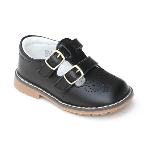 L`Amour Unisex Black Double T-Strap Buckled Leather Mary Jane Shoes 11-2 Kids - SophiasStyle.com