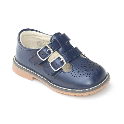 L`Amour Unisex Navy Double T-Strap Buckled Leather Mary Jane Shoes 11-2 Kids - SophiasStyle.com