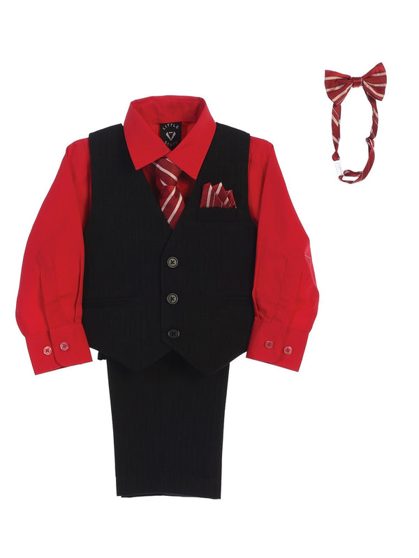 Lito Baby Boys Red Shirt Zipper Tie Bow Tie Pinstripe Vest Pant Set 6-24M - SophiasStyle.com