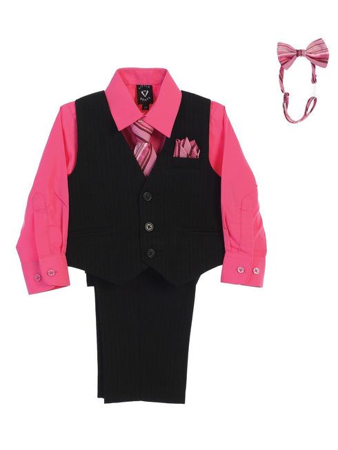 Lito Baby Boys Fuchsia Shirt Zipper Tie Bow Tie Pinstripe Vest Pant Set 6-24M - SophiasStyle.com