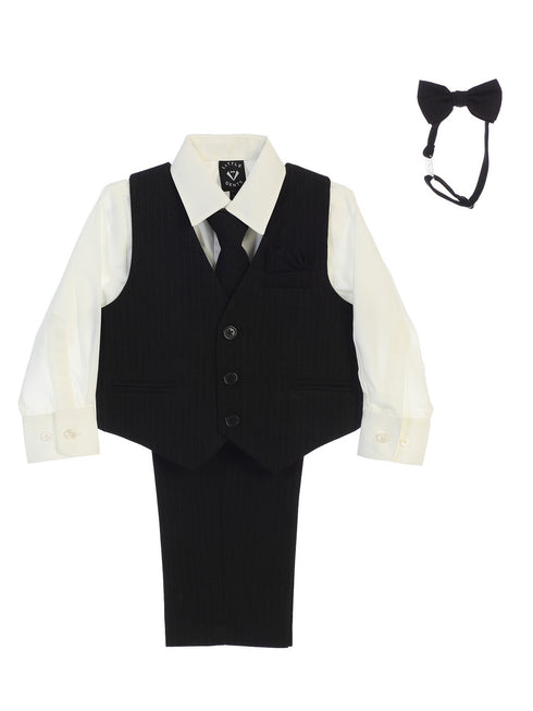 Lito Baby Boys Ivory Shirt Zipper Tie Bow Tie Pinstripe Vest Pant Set 6-24M - SophiasStyle.com