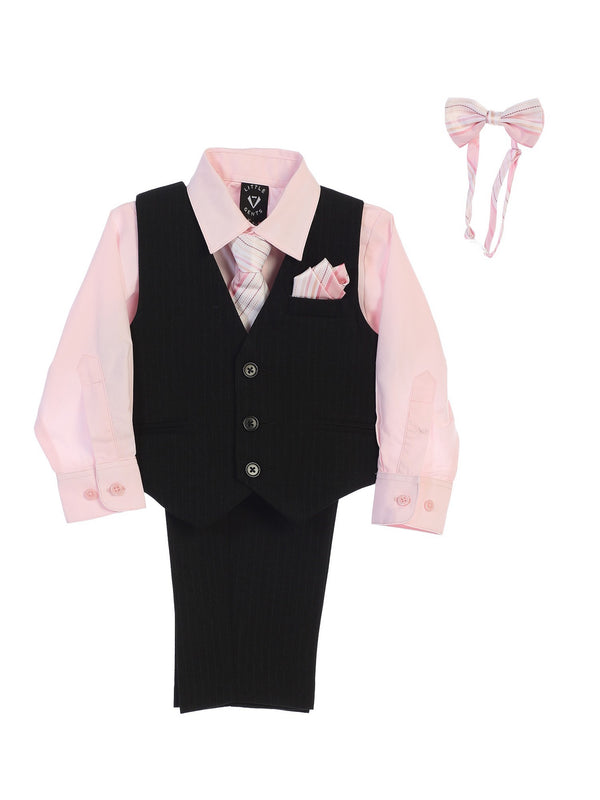 Lito Big Boys Pink Shirt Zipper Tie Bow Tie Pinstripe Vest Pant Set 8-12 - SophiasStyle.com