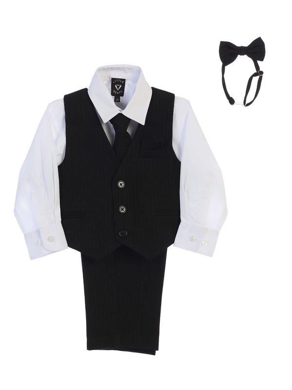 Lito Baby Boys White Shirt Zipper Tie Bow Tie Pinstripe Vest Pant Set 6-24M - SophiasStyle.com