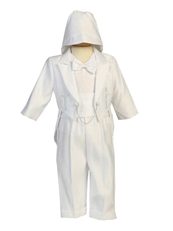 Lito Baby Boys White Embroidered Cross Round Tail Satin Tuxedo Suit 3-24M - SophiasStyle.com