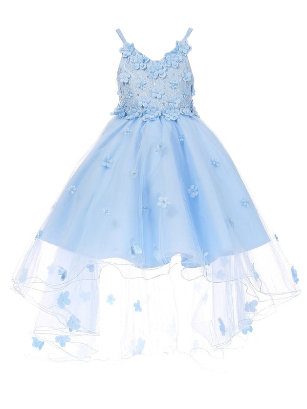 Little Girls Blue 3D Flower Embedded High Low Tulle Flower Girl Dress 2-6 - SophiasStyle.com