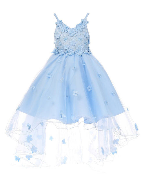 Big Girls Blue 3D Flower Embedded High Low Tulle Junior Bridesmaid Dress 8-12 - SophiasStyle.com