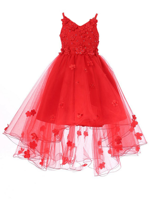 Big Girls Red 3D Flower Embedded High Low Tulle Junior Bridesmaid Dress 8-12 - SophiasStyle.com