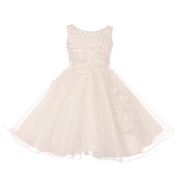 Big Girls Ivory Pearl Beaded Glitter Tulle Junior Bridesmaid Dress 8-12 - SophiasStyle.com