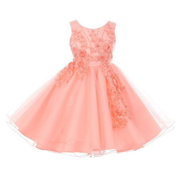 Big Girls Peach Pearl Beaded Glitter Tulle Junior Bridesmaid Dress 8-12 - SophiasStyle.com