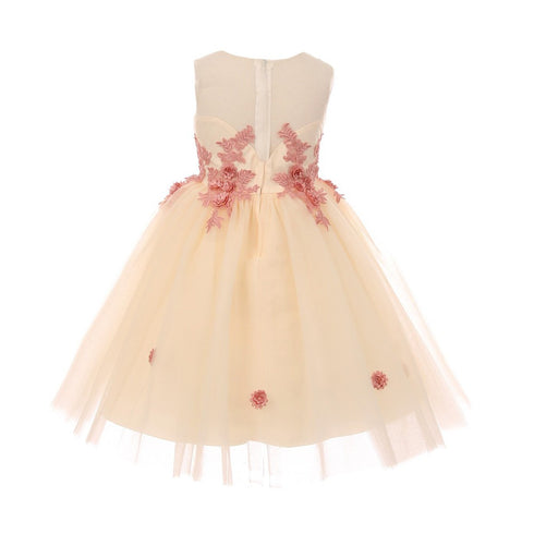 Big Girls Champagne Rose 3D Floral Applique Junior Bridesmaid Dress 8-12 - SophiasStyle.com