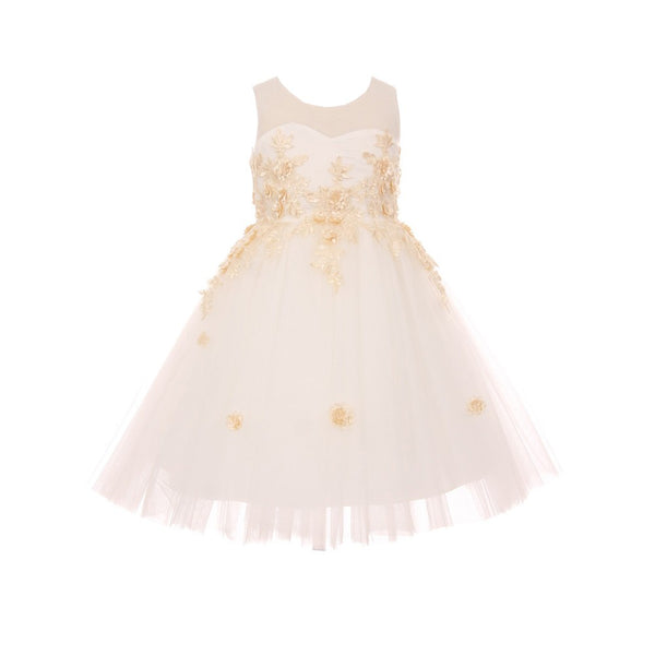 Little Girls Ivory Champagne 3D Contrast Floral Applique Flower Girl Dress 2-6 - SophiasStyle.com