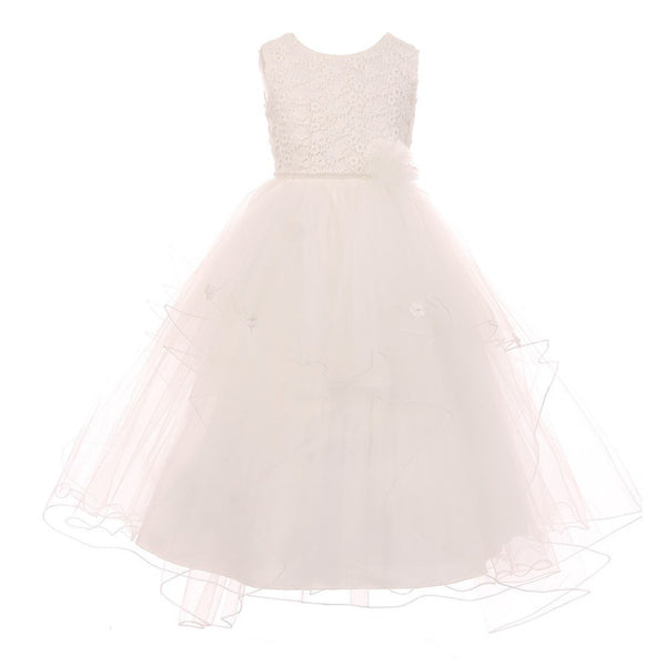 Little Girls Ivory Pearl Flower Adorned Multi Layer Flower Girl Dress 4-6 - SophiasStyle.com