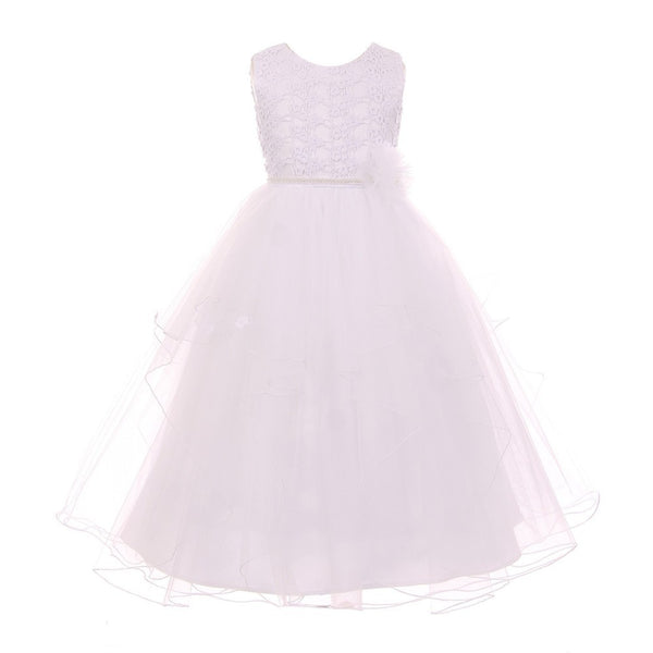Big Girls White Pearl Flower Adorned Multi Layer Communion Dress 8 - SophiasStyle.com
