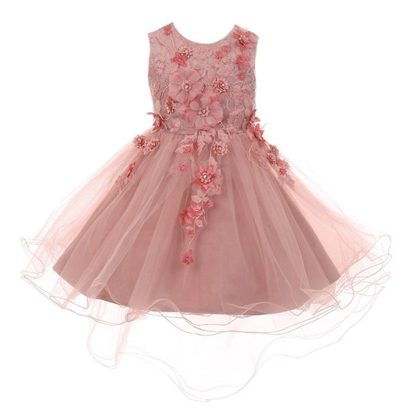 Little Girls Dusty Rose 3D Floral Appliques Hi-Low Tulle Flower Girl Dress 2-6 - SophiasStyle.com
