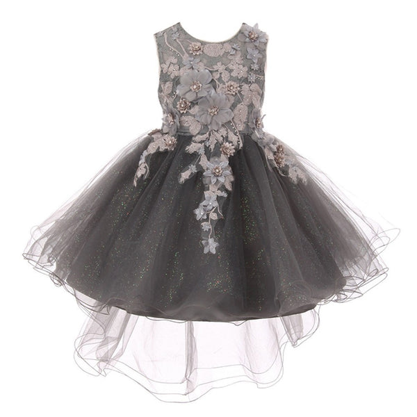 Big Girls Silver 3D Floral Appliques Hi-Low Tulle Junior Bridesmaid Dress 8-12 - SophiasStyle.com