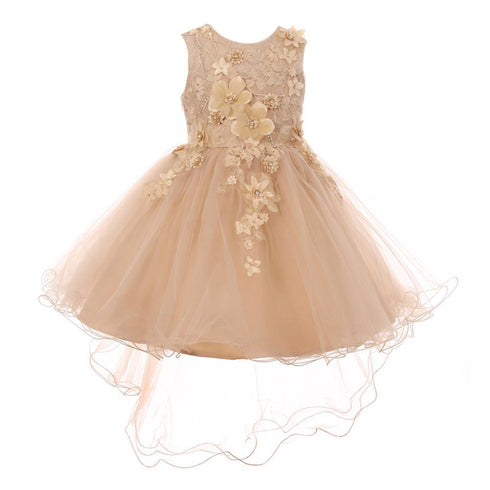 Big Girls Taupe 3D Floral Appliques Hi-Low Tulle Junior Bridesmaid Dress 8-12 - SophiasStyle.com