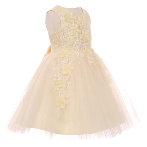 Big Girls Champagne 3D Floral Appliques Soft Tulle Flower Girl Dress 8-12 - SophiasStyle.com