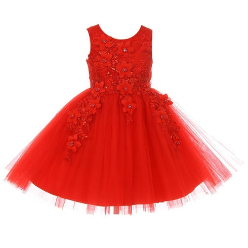 Little Girls Red 3D Floral Appliques Soft Tulle Flower Girl Dress 2-6 - SophiasStyle.com