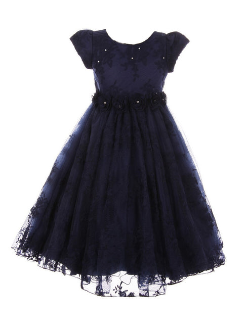 Big Girls Navy French Chantilly Lace T-Length Junior Bridesmaid Dress 8-12 - SophiasStyle.com