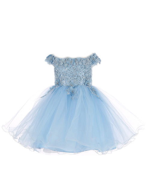 Big Girls Blue 3D Floral Sequin Tulle Off Shoulder Junior Bridesmaid Dress 8-12 - SophiasStyle.com