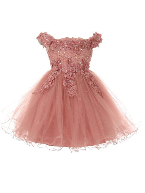 Baby Girls Dusty Rose 3D Floral Sequin Tulle OffShoulder Flower Girl Dress 6-24M - SophiasStyle.com