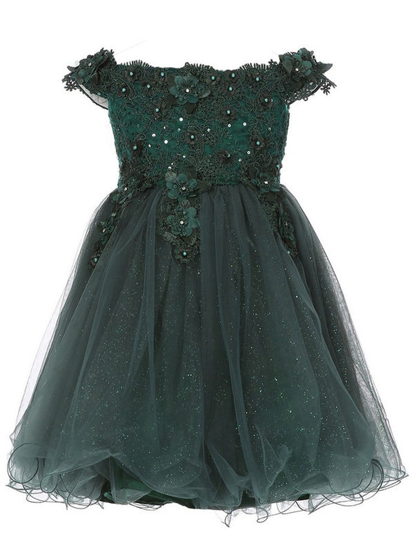 Little Girls Hunter Green Floral Sequin Off Shoulder Flower Girl Dress 2-6 - SophiasStyle.com