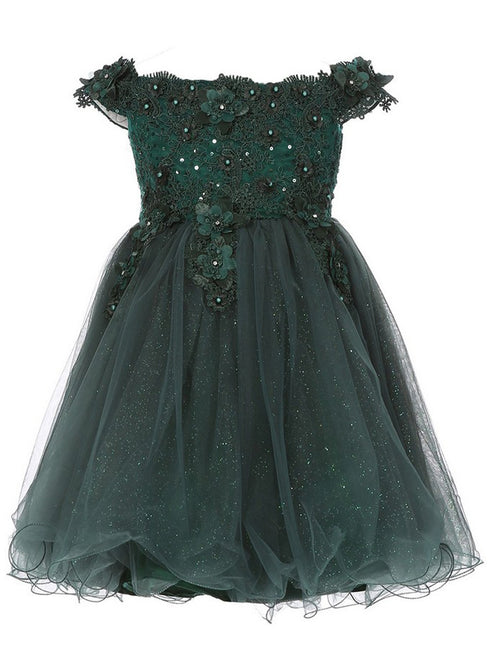 Big Girls Hunter Green Floral Sequin Off Shoulder Junior Bridesmaid Dress 8-12 - SophiasStyle.com