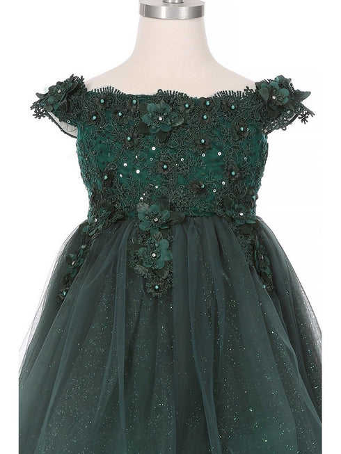 Big Girls Hunter Green Floral Sequin Off Shoulder Junior Bridesmaid Dress 8-12 - SophiasStyle.com