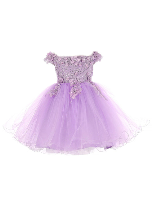 Big Girls Lilac 3D Floral Sequin Tulle Off Shoulder Junior Bridesmaid Dress 8-12 - SophiasStyle.com