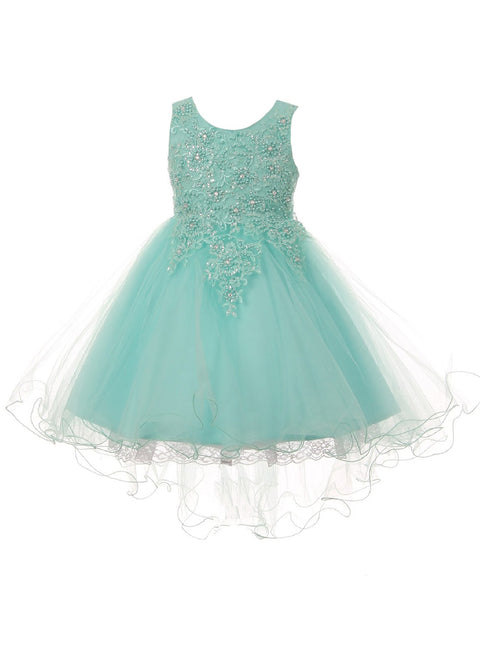 Big Girls Aqua Rhinestone Pearl Wired Tulle Hi-Low Junior Bridesmaid Dress 8-12 - SophiasStyle.com