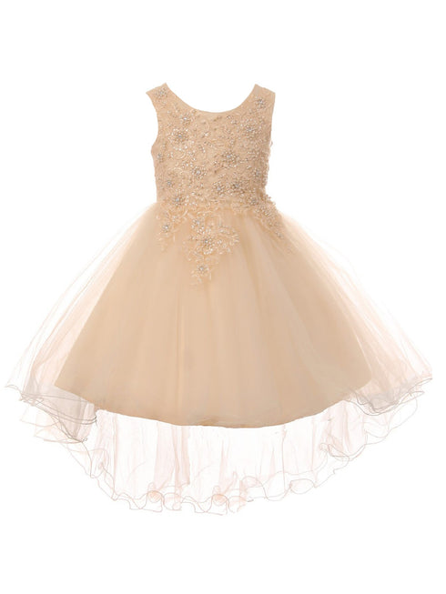 Big Girls Champagne Rhinestone Pearl Wired Tulle Hi-Low Junior Bridesmaid Dress 8-12 - SophiasStyle.com