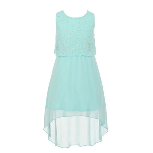 Big Girls Aqua Rhinestone Adorned Chiffon Hi-Lo Junior Bridesmaid Dress 8-14 - SophiasStyle.com