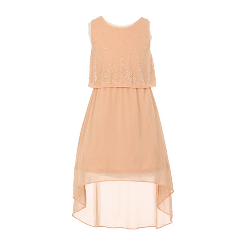 Big Girls Peach Rhinestone Adorned Chiffon Hi-Lo Junior Bridesmaid Dress 12 - SophiasStyle.com