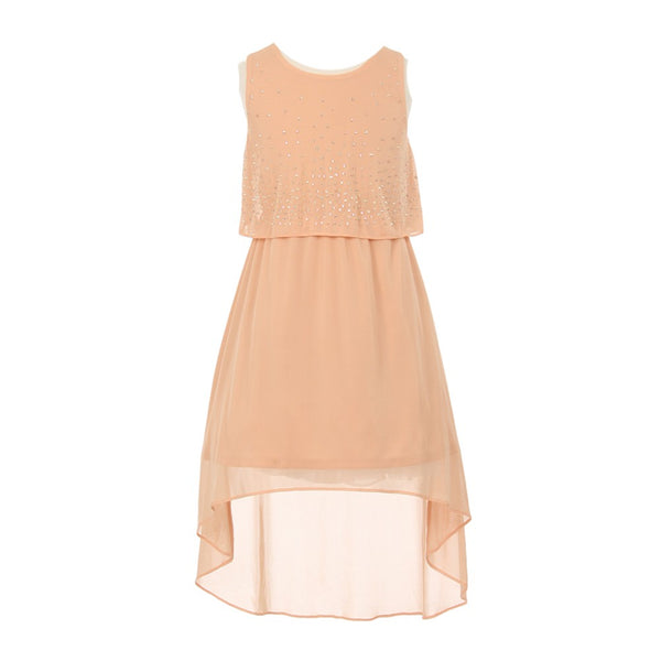 Big Girls Peach Rhinestone Adorned Chiffon Hi-Lo Junior Bridesmaid Dress 12 - SophiasStyle.com