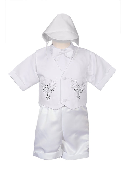 Rain Kids Little Boys White 4 pc Rhinestone Cross Vest Hat Baptism Outfit 2-4T - SophiasStyle.com