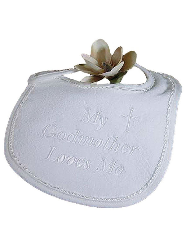 Little Things Mean A Lot White Terry Velour "My Godmother Loves Me" Bib - SophiasStyle.com