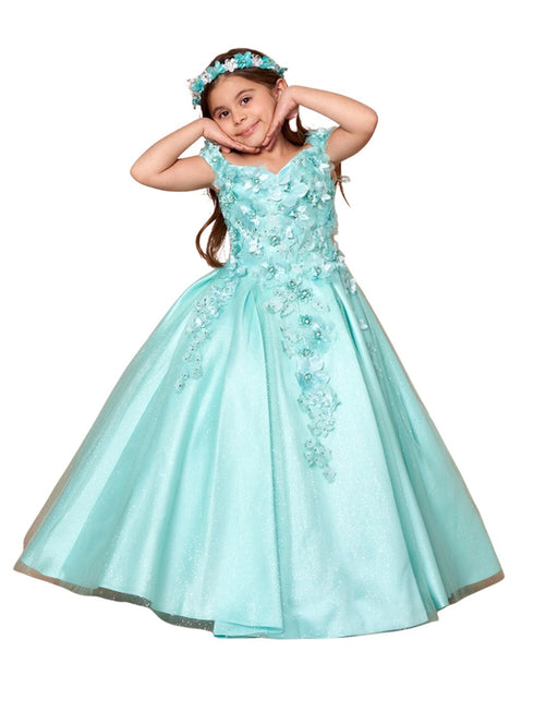 Big Girls Mint 3D Flower Organza Lace Off Shoulder Pageant Dress 8-16 - SophiasStyle.com