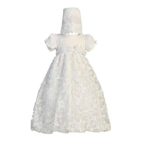 Lito Baby Girls White Embroidered Satin Ribbon Tulle Dress Bonnet Baptism 0-18M - SophiasStyle.com