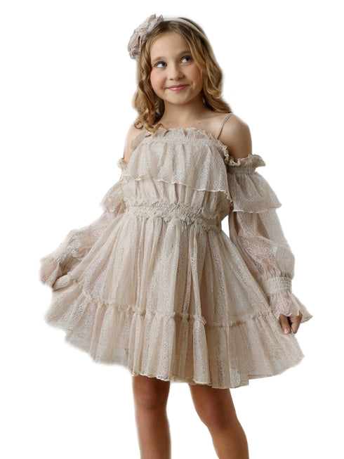 Ooh La La Couture Girls Ivory Glitter Cold Shoulder Avery Dress, Sizes 12M-14 - SophiasStyle.com