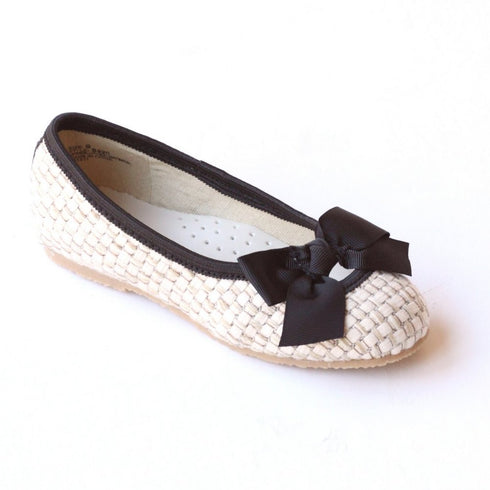 L`Amour Little Girls Black Faux Straw Bow Flats 7-10 Toddler - SophiasStyle.com