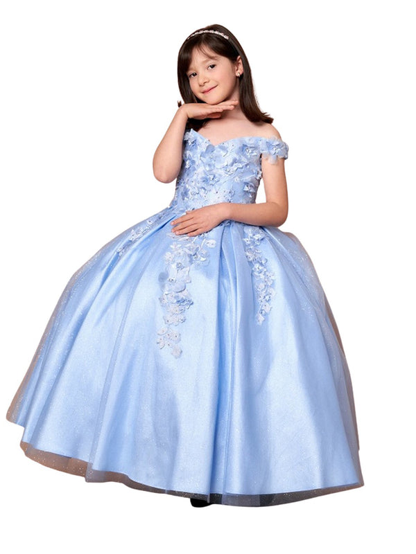 Big Girls Blue 3D Flower Organza Lace Off Shoulder Pageant Dress 8-16 - SophiasStyle.com