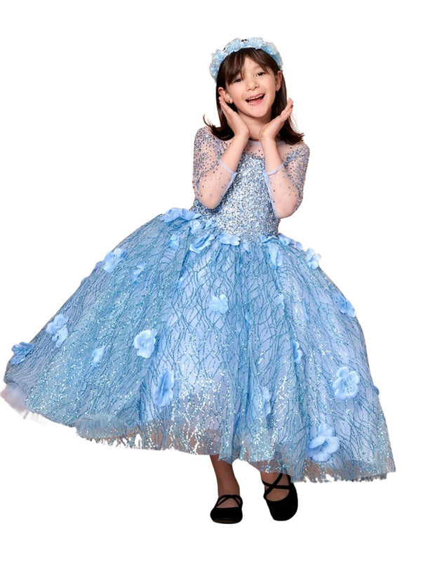 Girls Bahama Blue Floral Appliques Ball Gown 3-16 - SophiasStyle.com