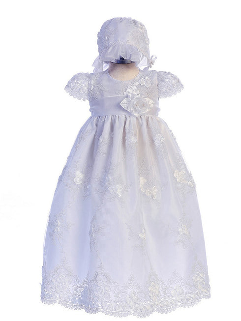 Crayon Kids Baby Girls White Flower Embroidered Bonnet Baptism Dress NB-12M - SophiasStyle.com