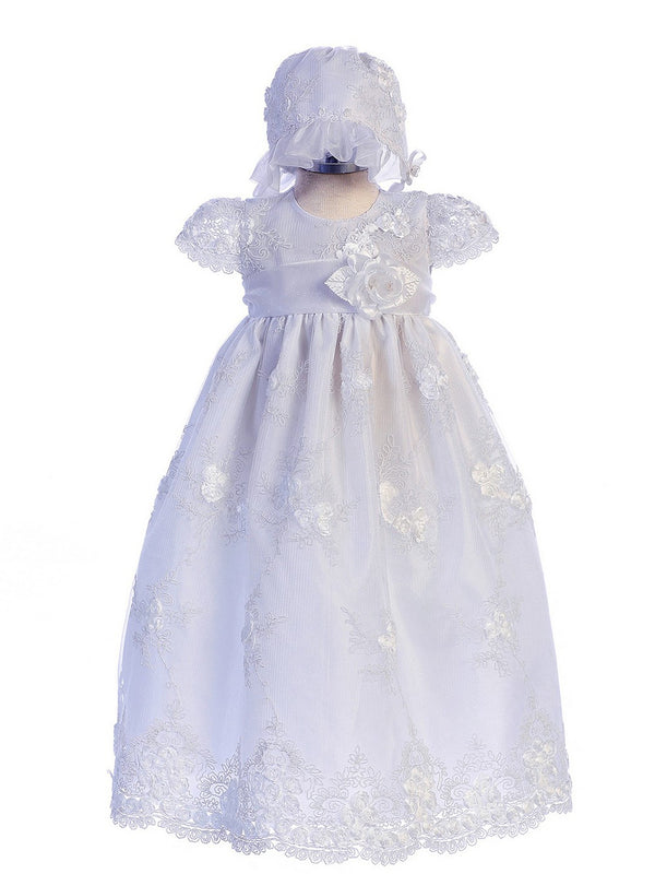 Crayon Kids Baby Girls White Flower Embroidered Bonnet Baptism Dress NB-12M - SophiasStyle.com