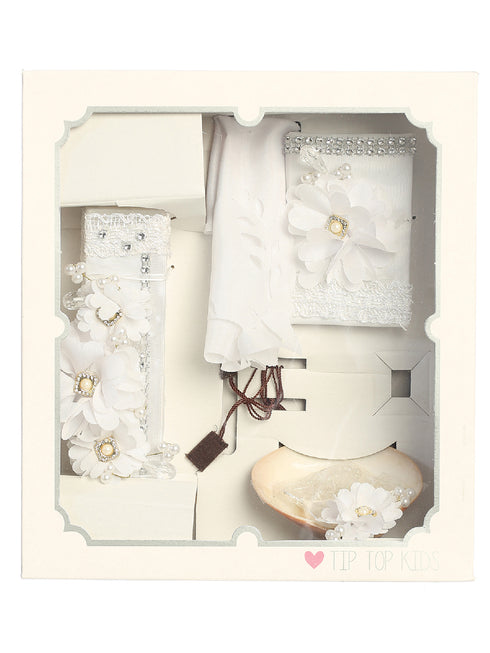 Baby Girls White Pearl Rhinestone Flower Christening Baptism Candle Set English - SophiasStyle.com