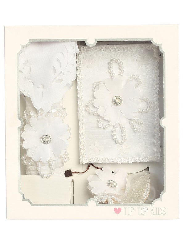 Baby Girls White Pearl String Flower Christening Baptism Candle Set English - SophiasStyle.com